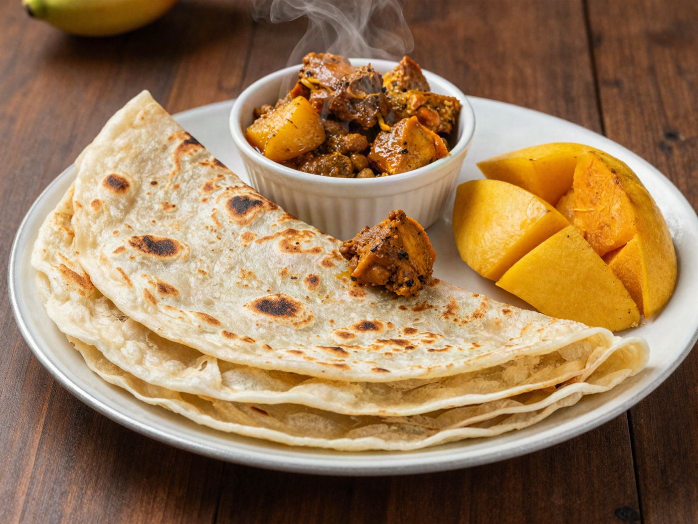 Buss up shut roti with curried chicken, channa and mango