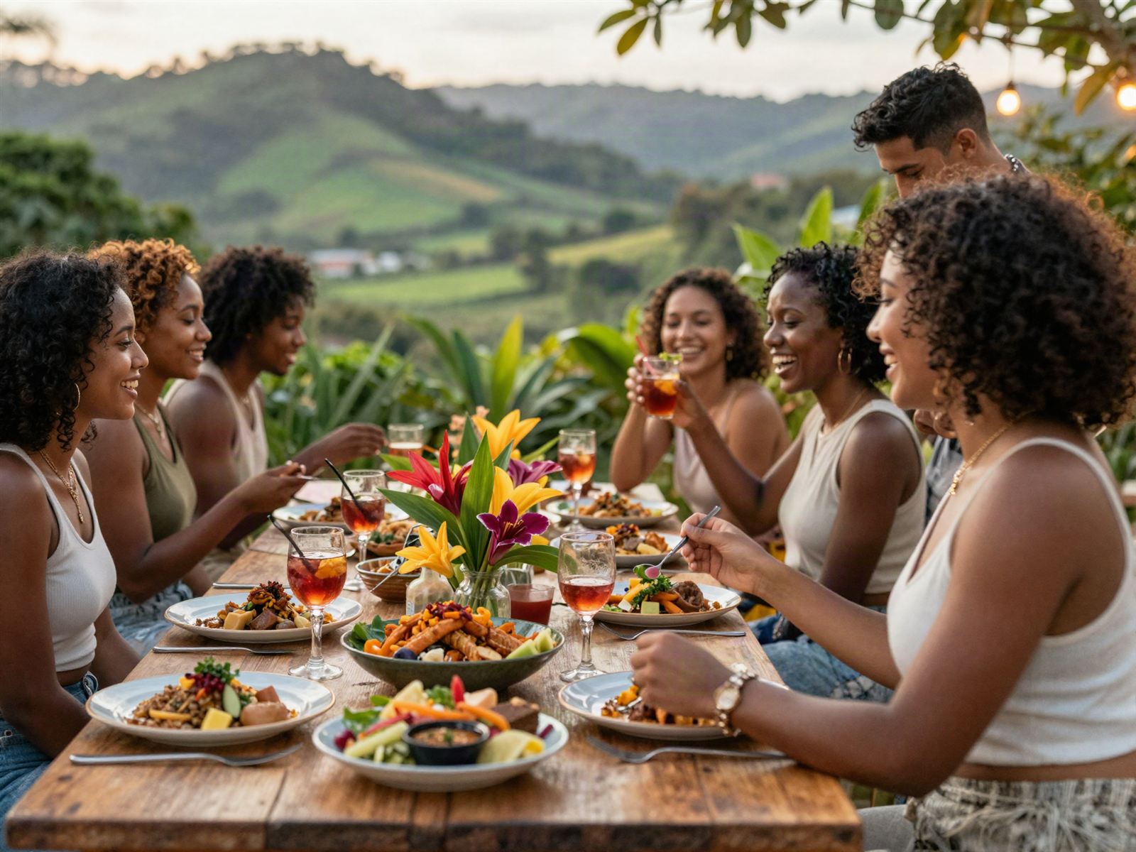 A festive outdoor Caribbean party table at golden hour