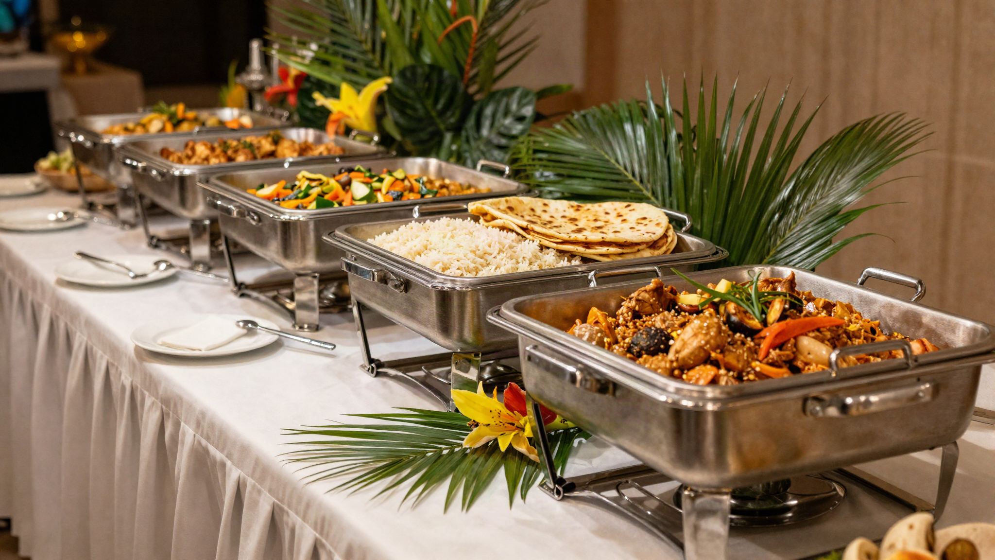 Caribbean catering buffet line with chafing dishes