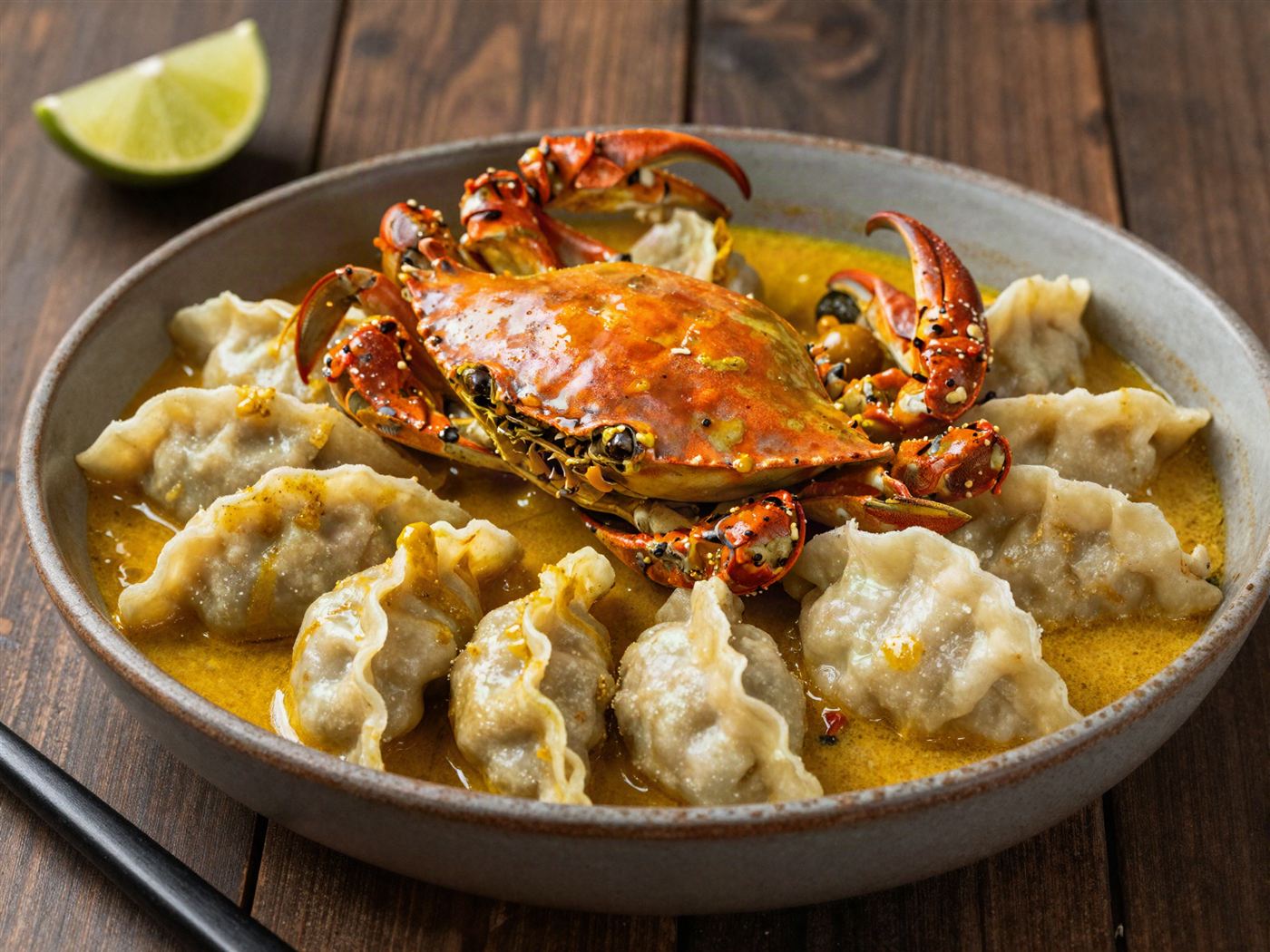 Curry crab and dumplings in coconut curry