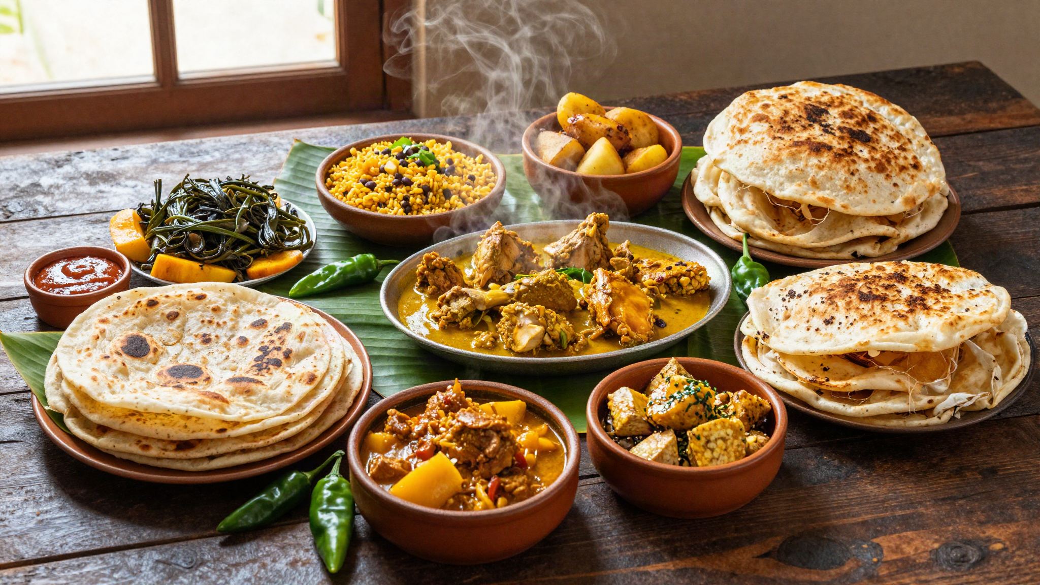 An abundant spread of Trinidadian food — buss up shut, curries, pelau and plantain on a wooden table