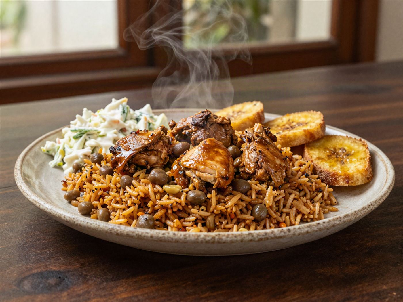 Chicken pelau with coleslaw and fried plantain