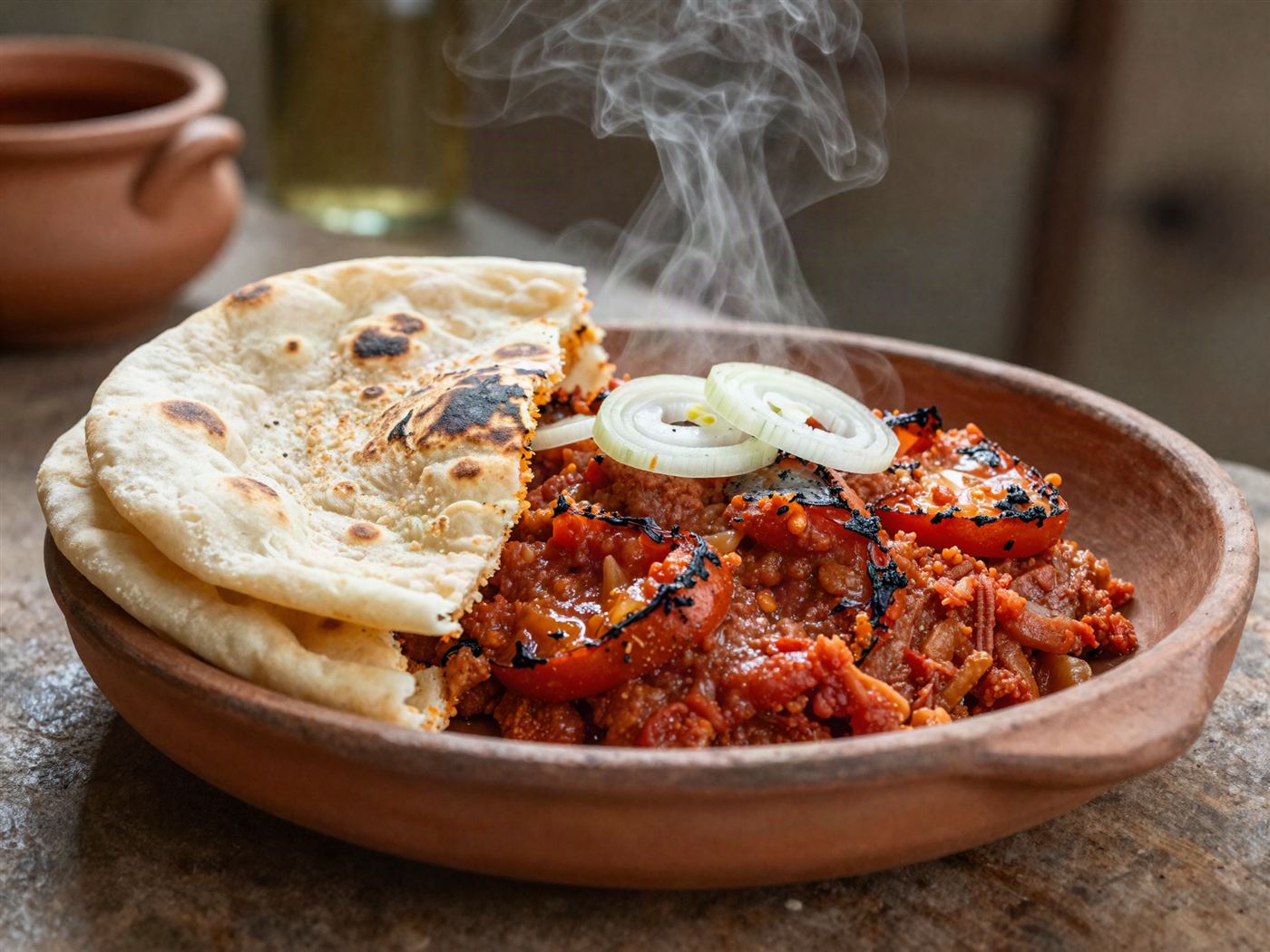 Sada roti with fire-roasted tomato choka